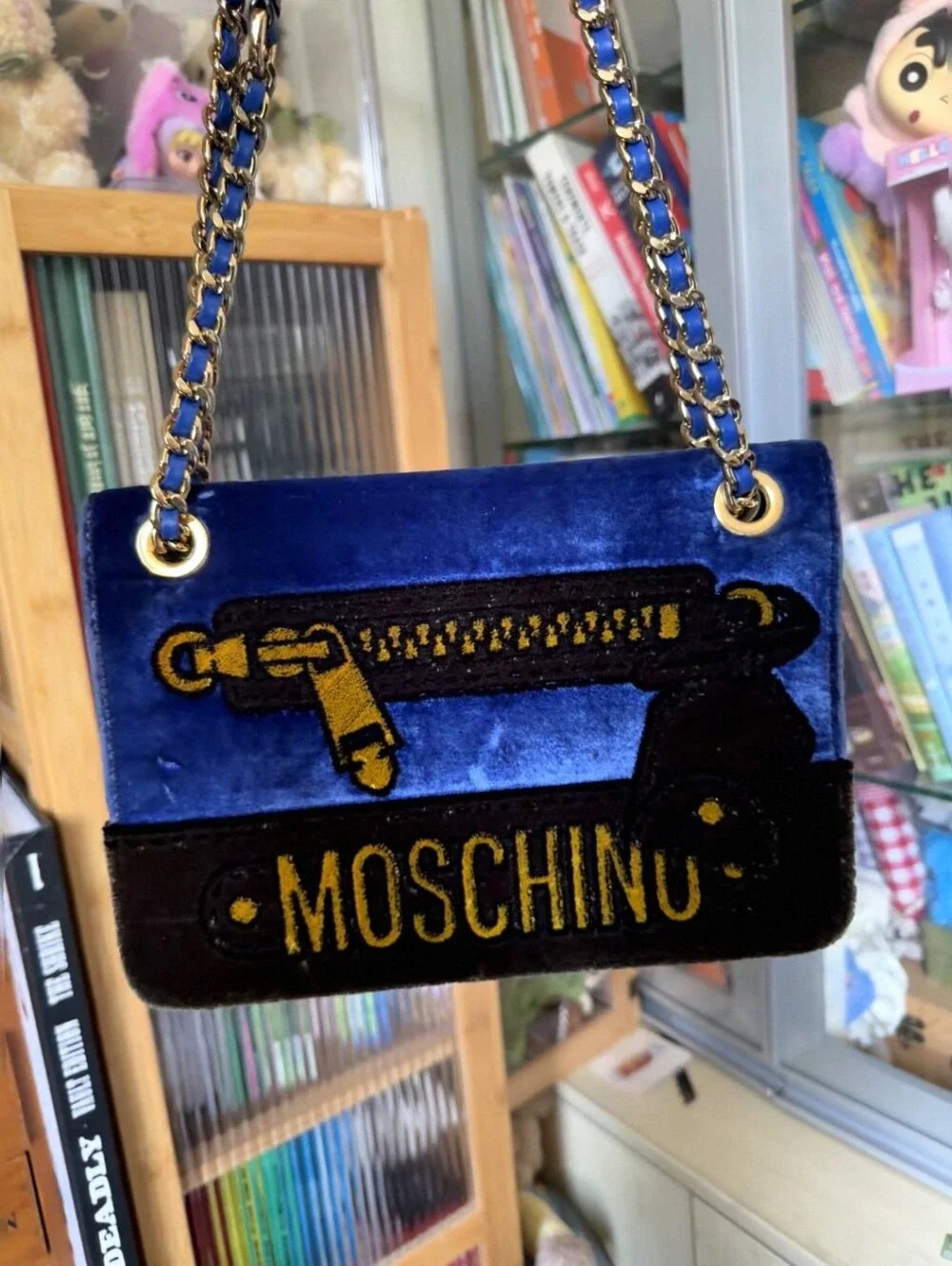 Moschino Blue Velvet Convertible Chain Shoulder Bag Logo